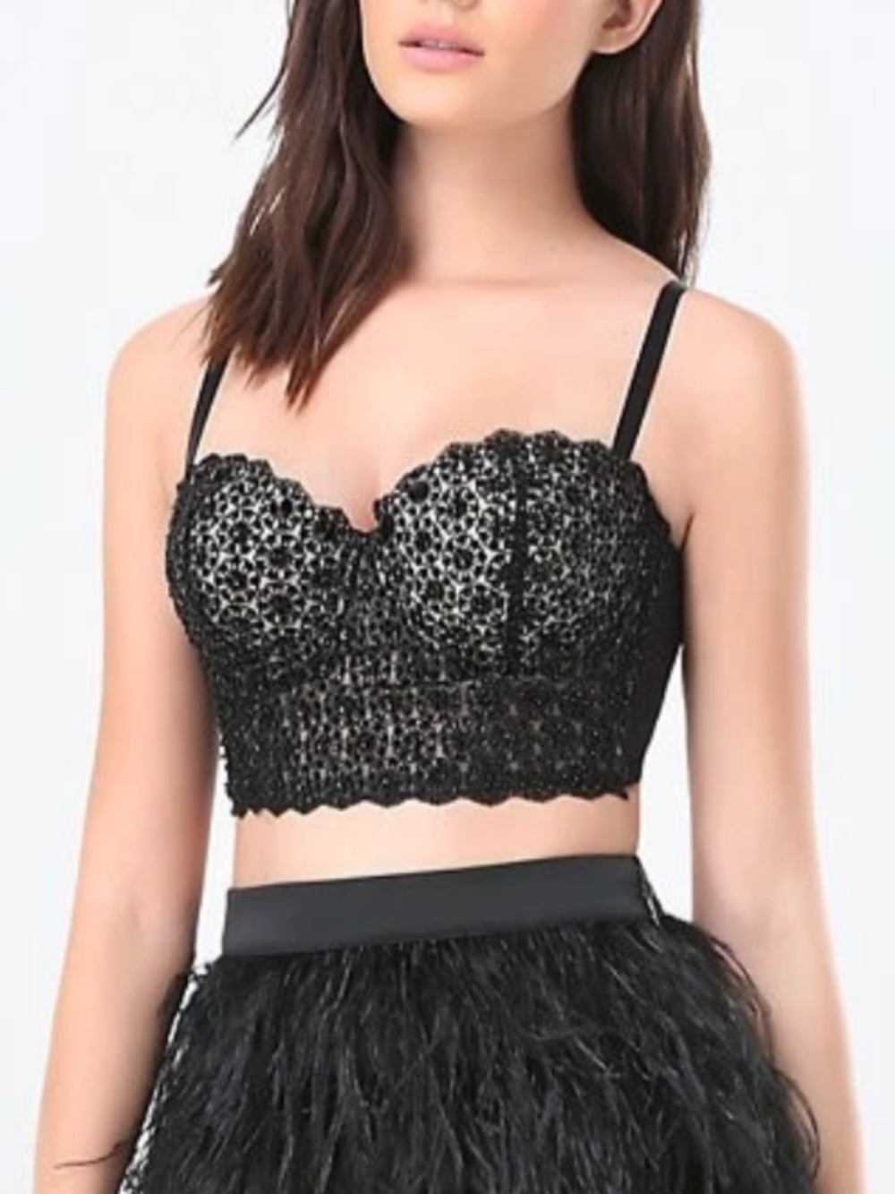 $98 NEW Bebe Ivory Black Sequin Beaded Crop Mesh Bustier Top